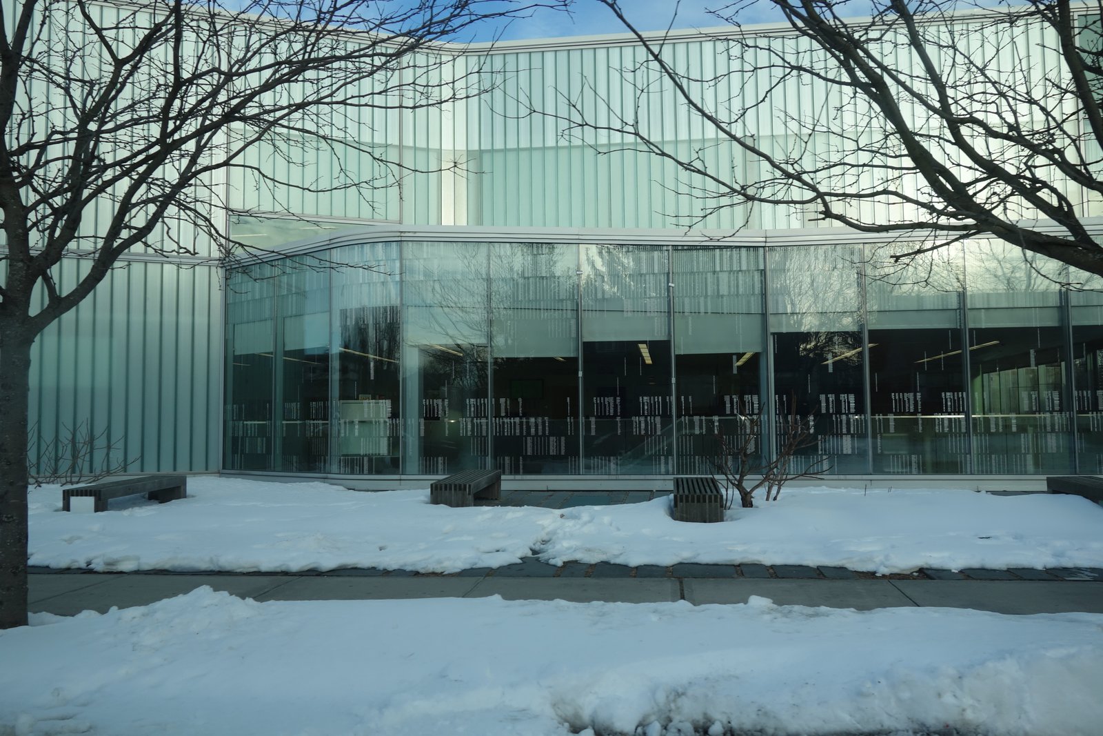 The glazed Glen Oaks Library facade behind leafless trees and snow-covered planting beds.