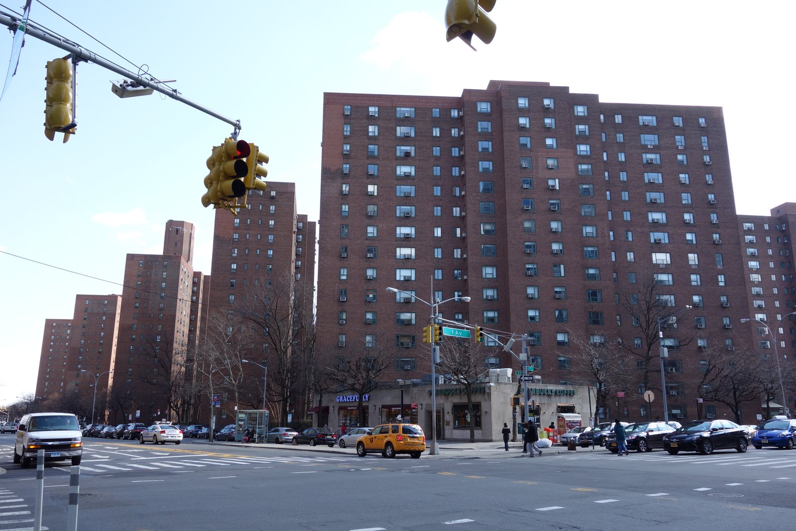 Peter Cooper Village brick apartment towers viewed southeast across First Avenue and East 23rd Street in 2018.