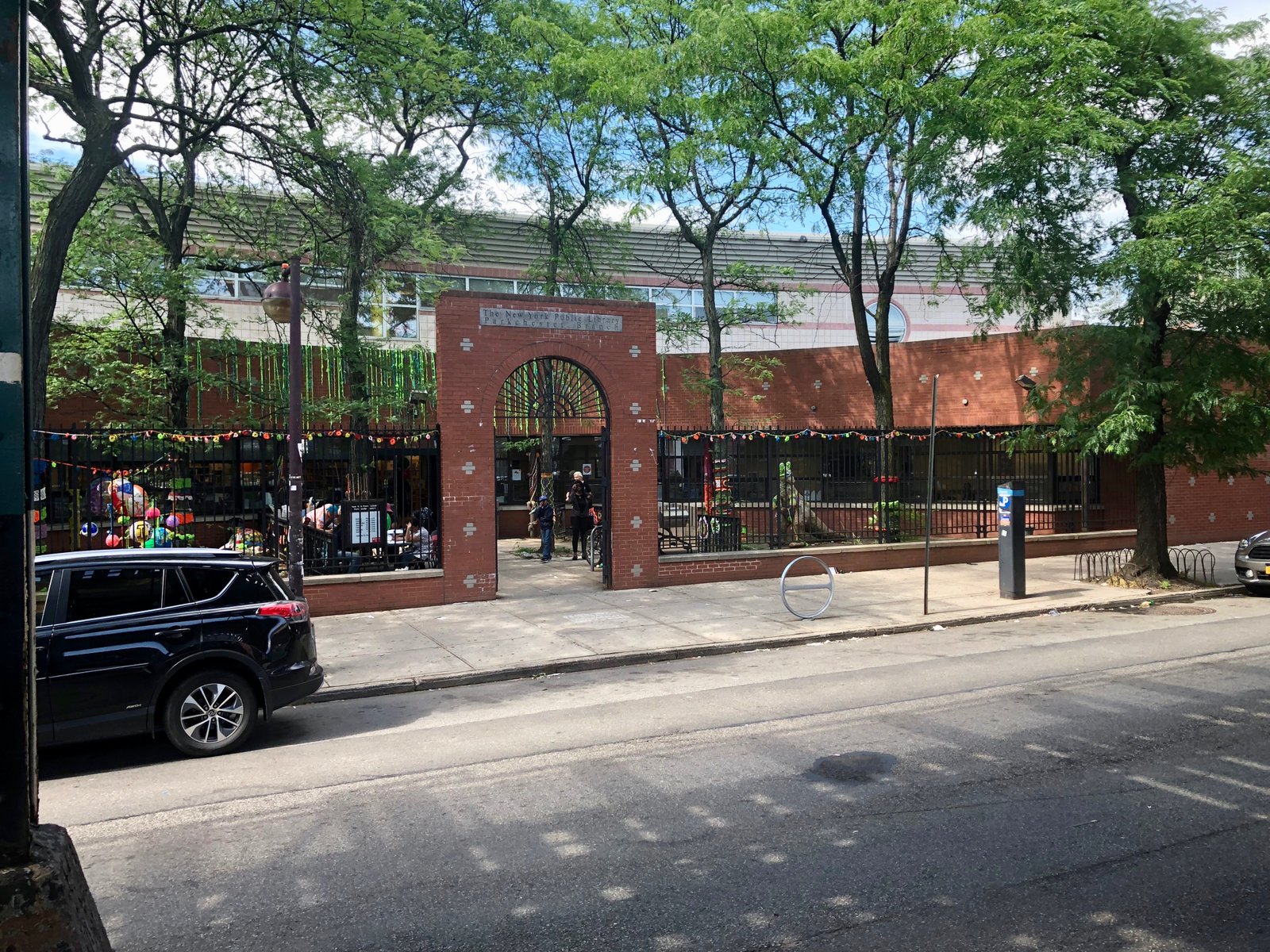 Parkchester Library and its arched street entrance, photographed in 2019.