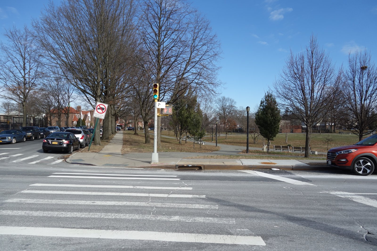 Looking across Merrick Boulevard into the eastern lawn and paths of Archie Spigner Park.