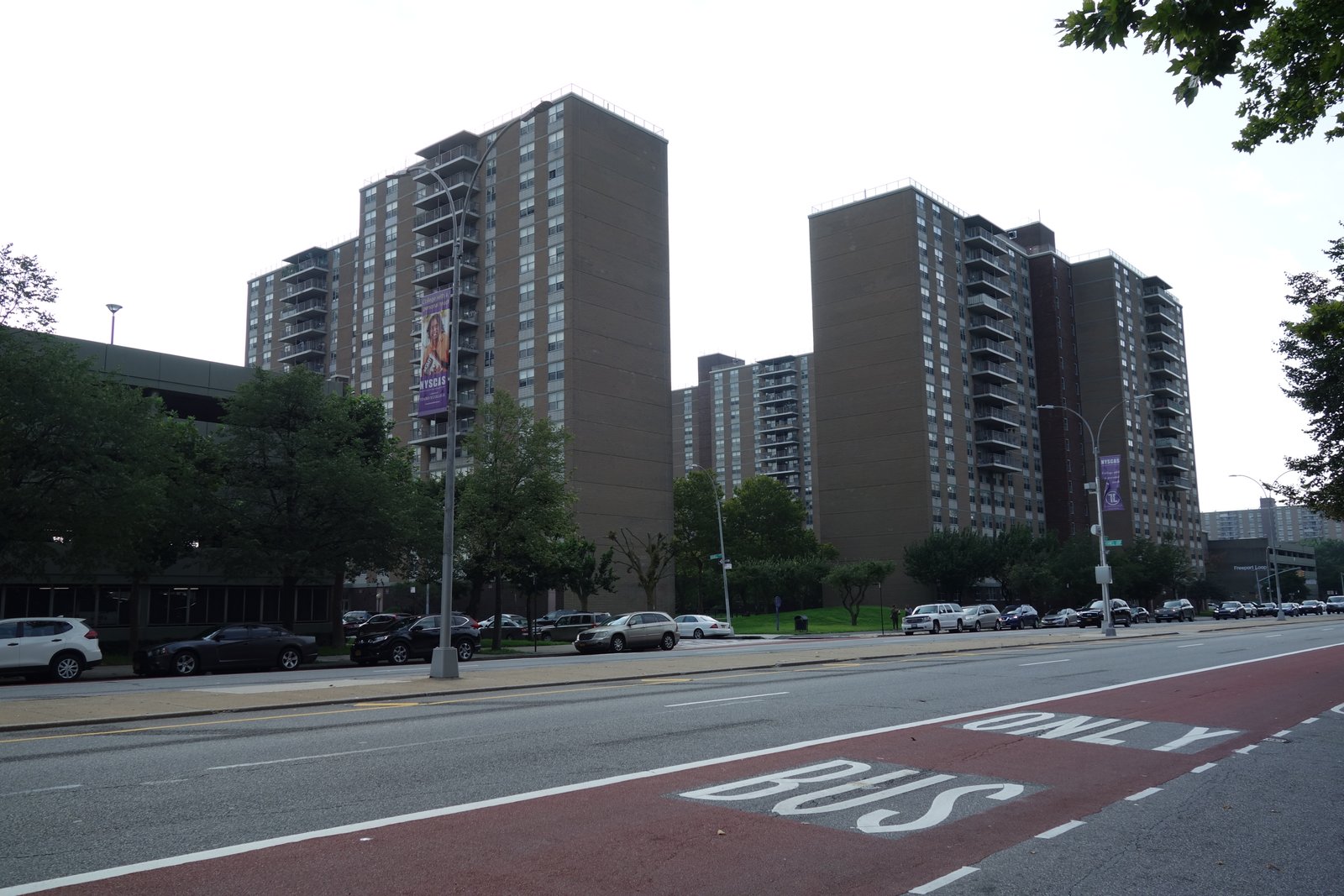 Starrett City apartment towers beside Pennsylvania Avenue, photographed in 2018.