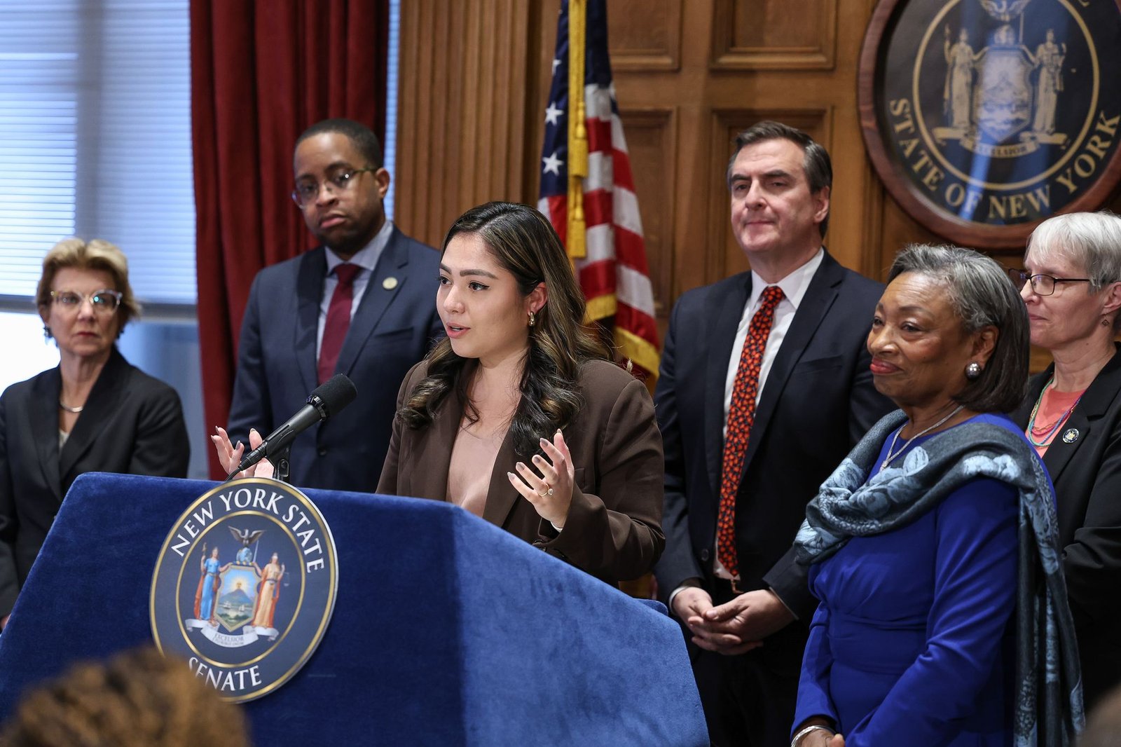 State Sen. Kristen Gonzalez speaks at a New York State Senate press conference.