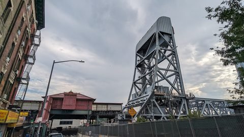 A view of Broadway Bridge and the elevated rail structure from the Marble Hill side.