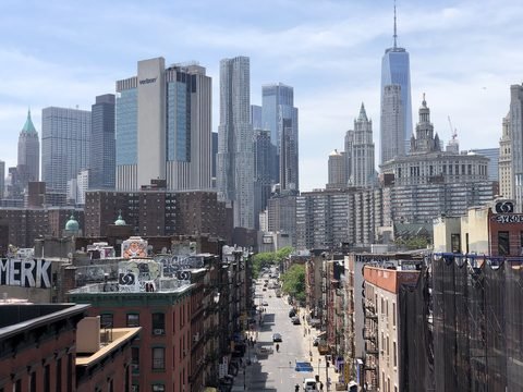Madison Street and the Lower Manhattan skyline seen westward from the Manhattan Bridge.