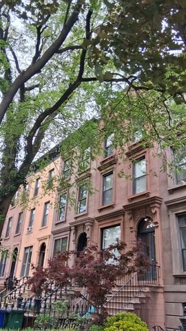 Deep front gardens beneath leafy trees and a row of brownstone houses.