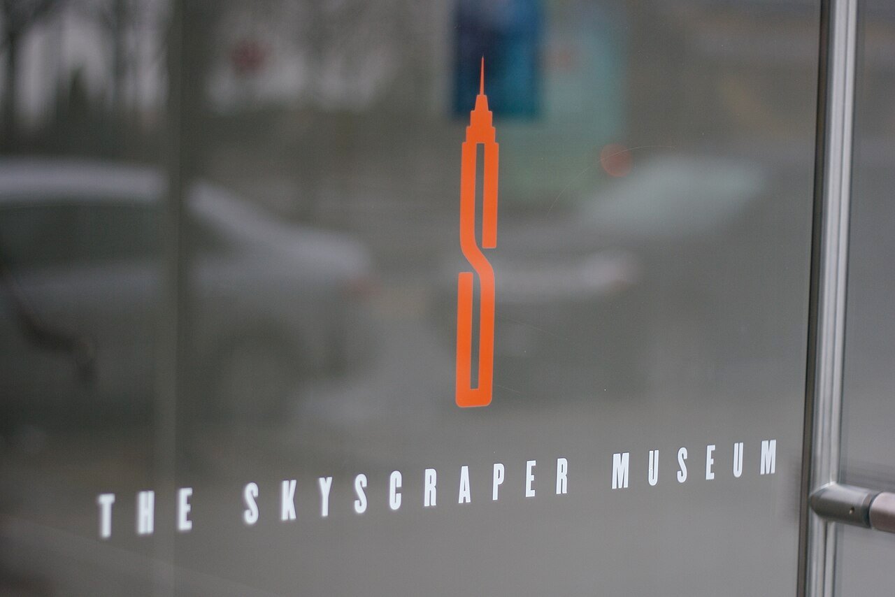 The Skyscraper Museum entrance with its name and orange logo