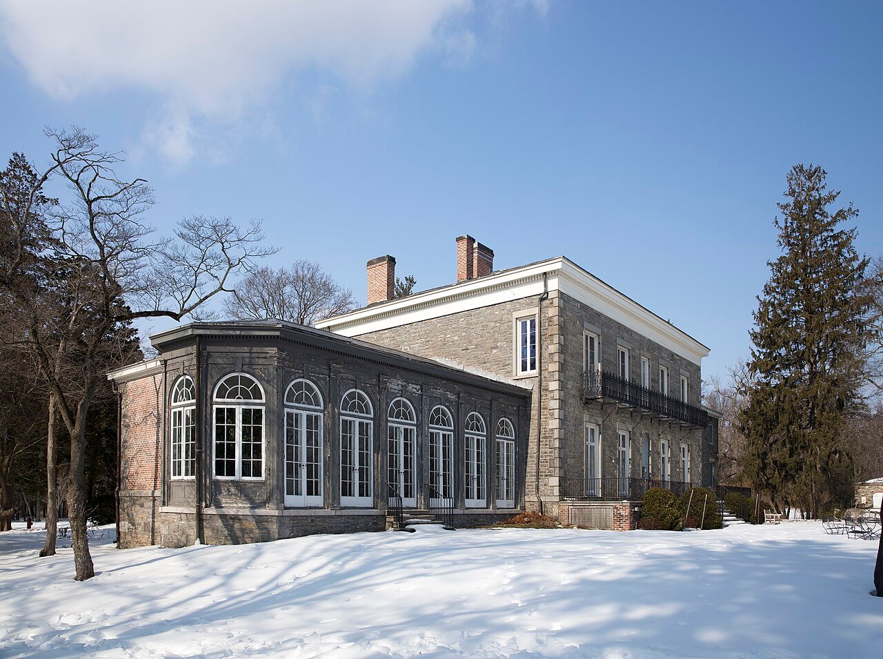 The stone Bartow-Pell Mansion seen from its garden side in Pelham Bay Park