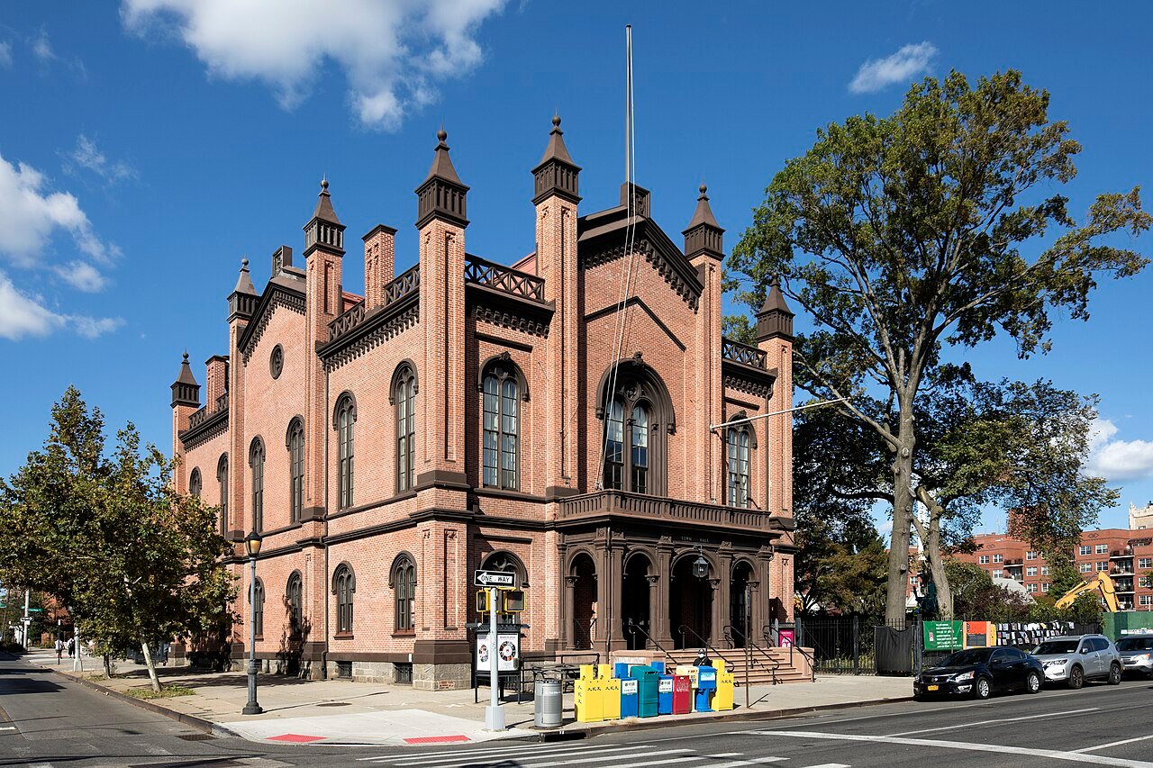 The historic facade of Flushing Town Hall on Northern Boulevard