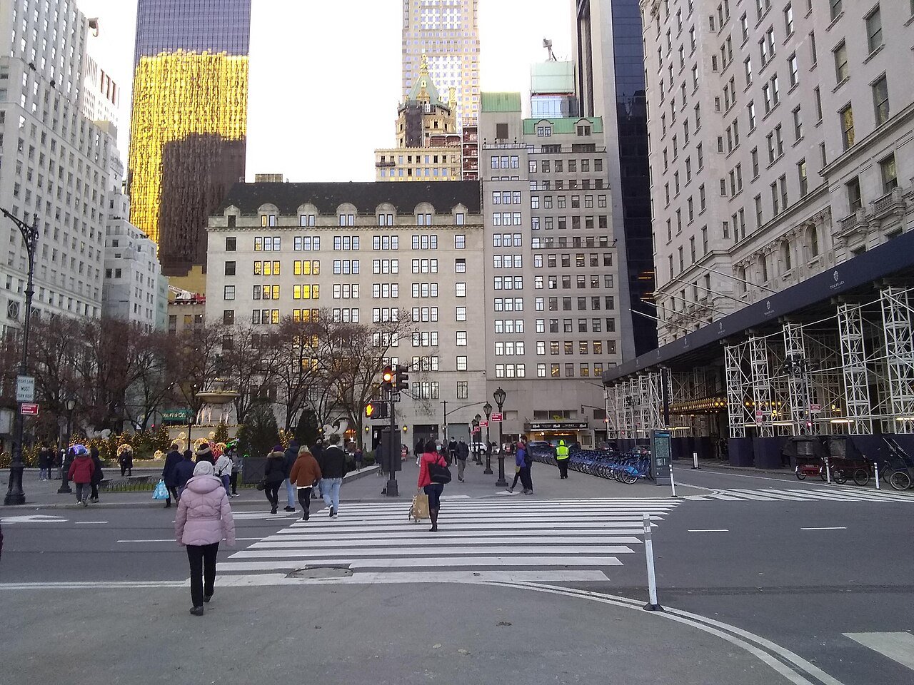 Bergdorf Goodman's pale marble building at center, seen across Grand Army Plaza in December 2020