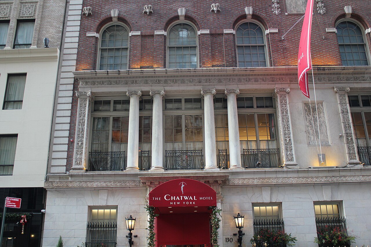 Former Lambs Club's lamb-head carvings and balcony openings above the Chatwal entrance in 2021
