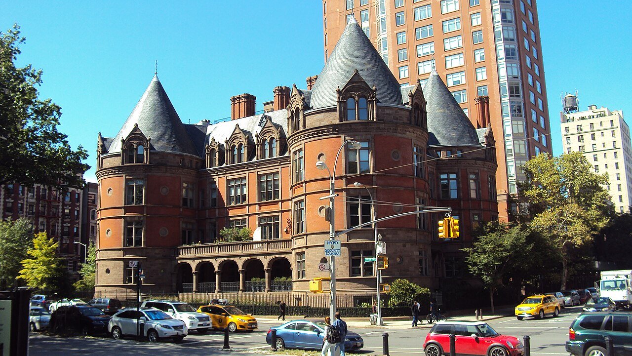 Former New York Cancer Hospital's round brick ward towers and pointed roofs in 2014