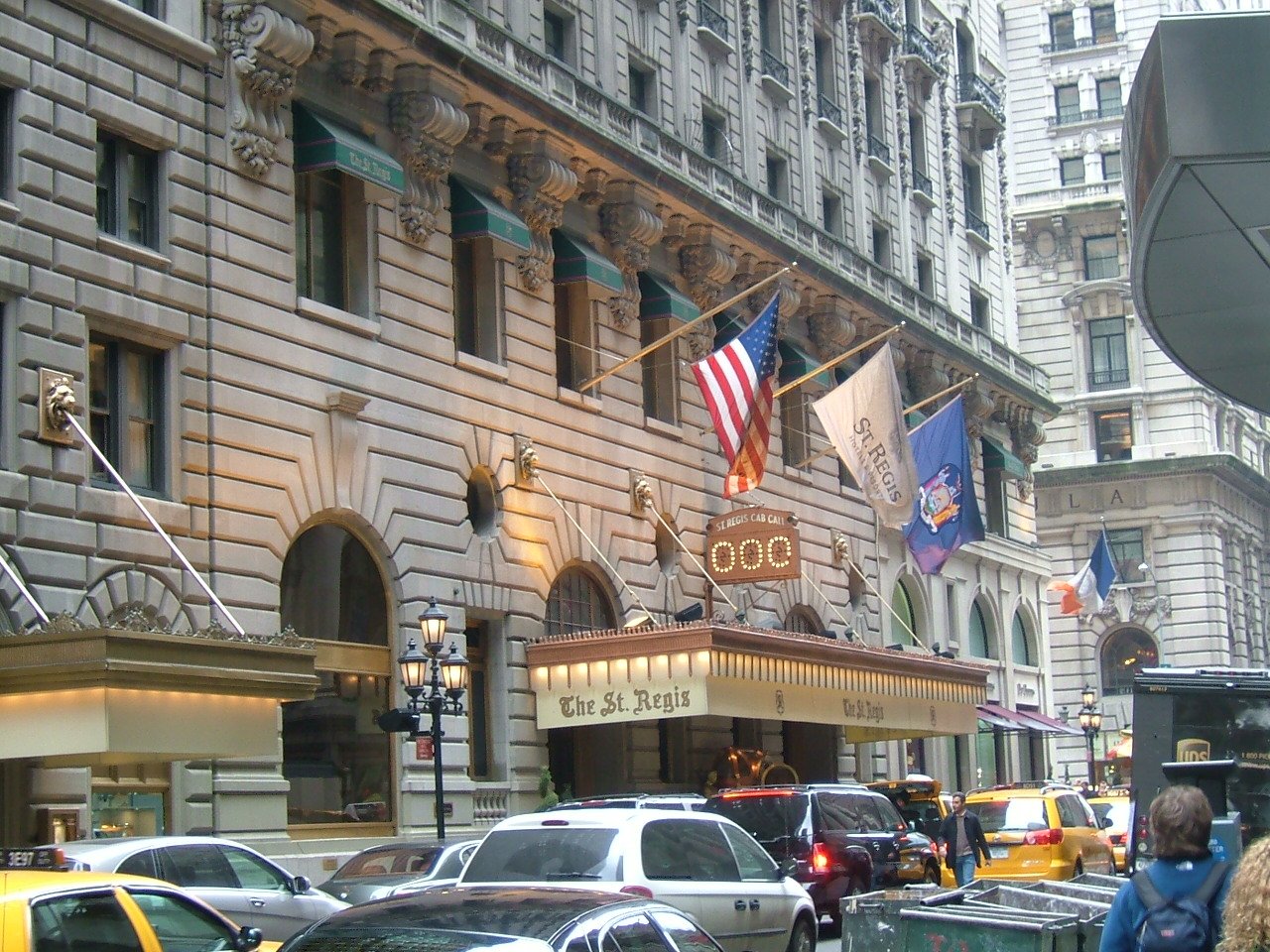 St. Regis Hotel's canopied East 55th Street entrance and decorated lower facade in 2007