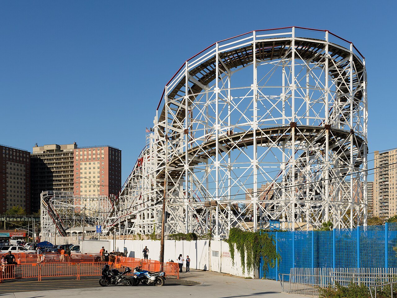 The wooden track and supporting structure of Coney Island's Cyclone roller coaster