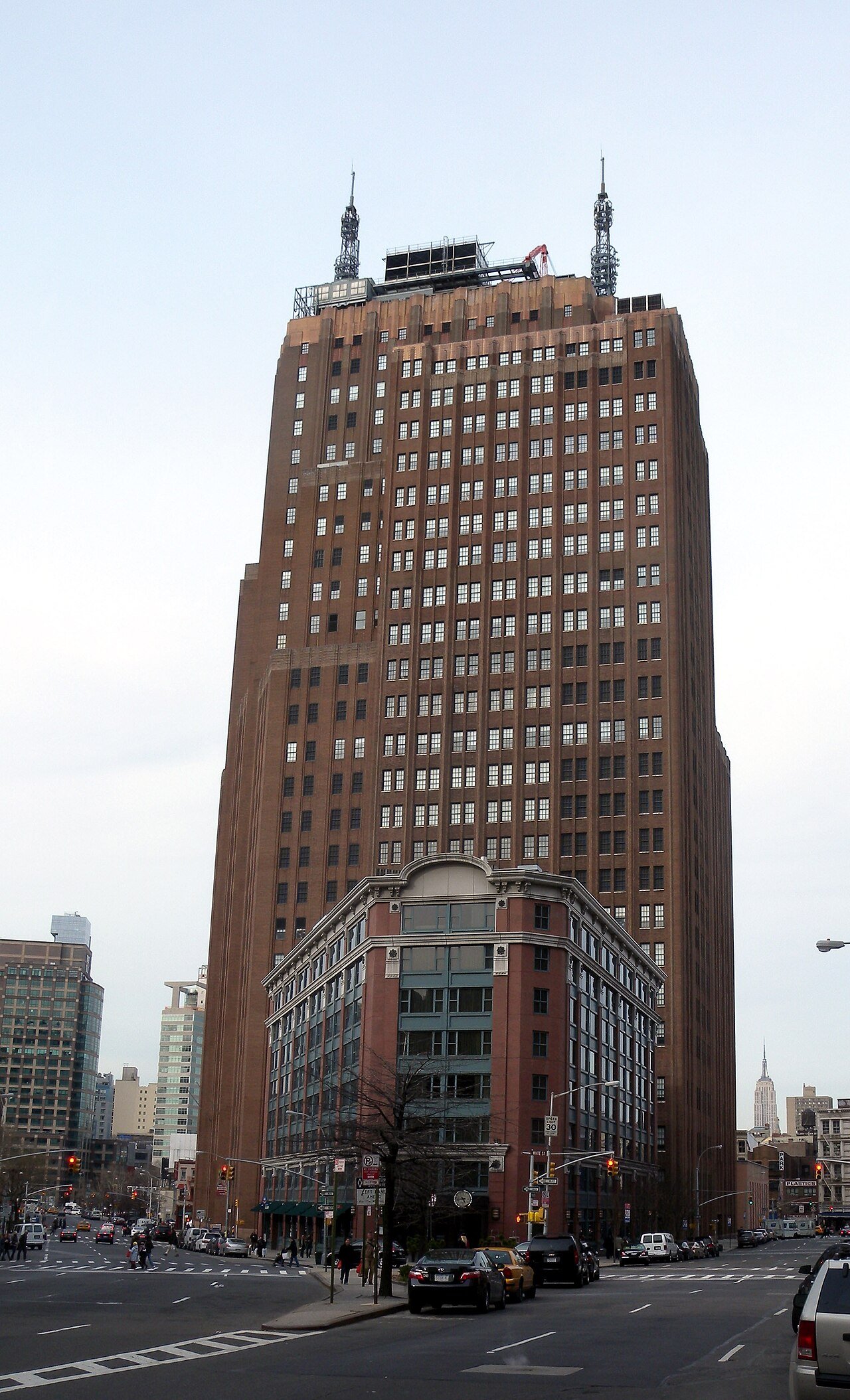 AT&T Long Distance Building's tall stepped brick exterior and lower corner section at 32 Sixth Avenue in 2010