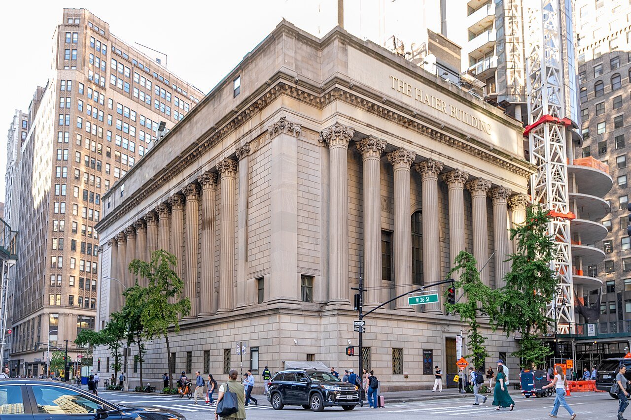 Former Greenwich Savings Bank's columned corner, now Gotham Hall, in 2025
