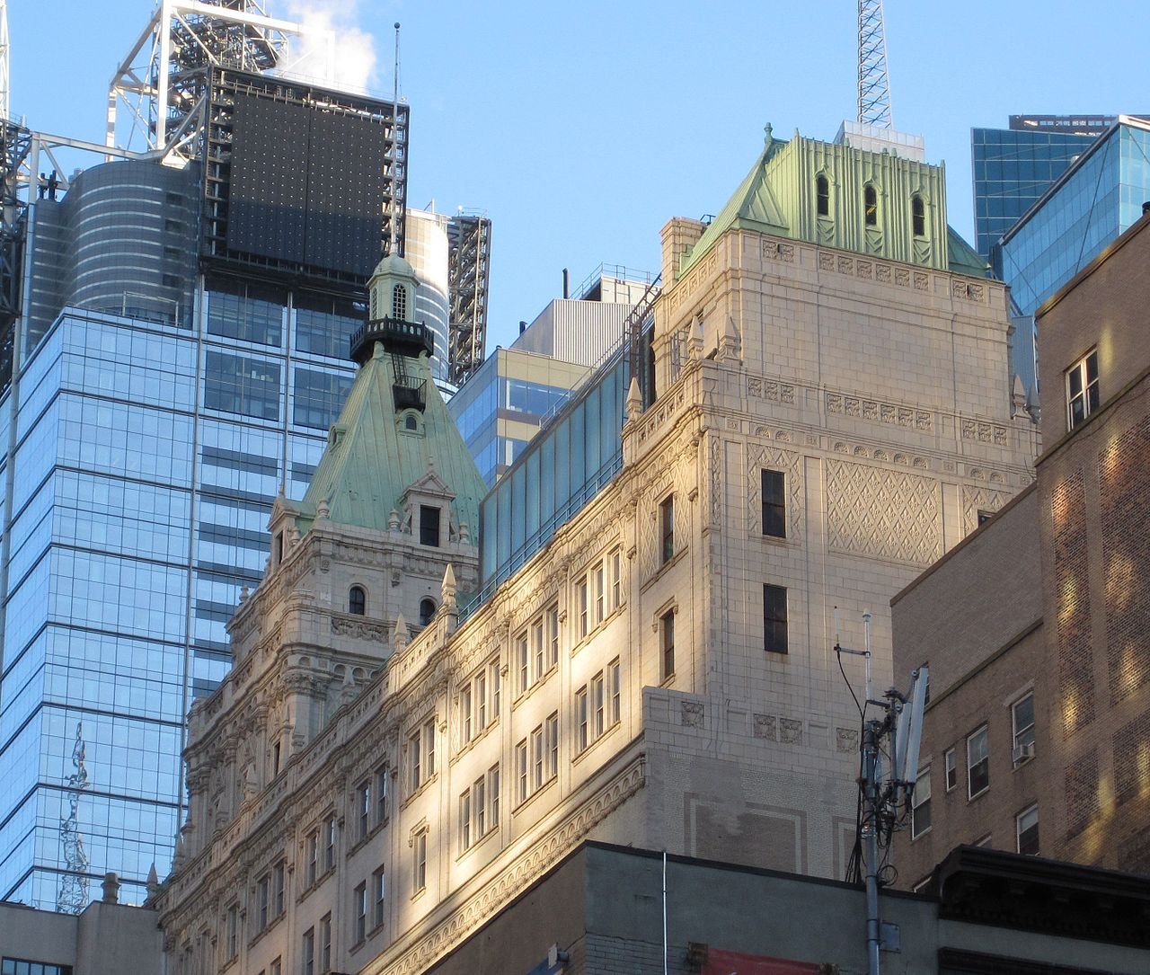 Upper facade and roof tower of the former New York Times headquarters on West 43rd Street