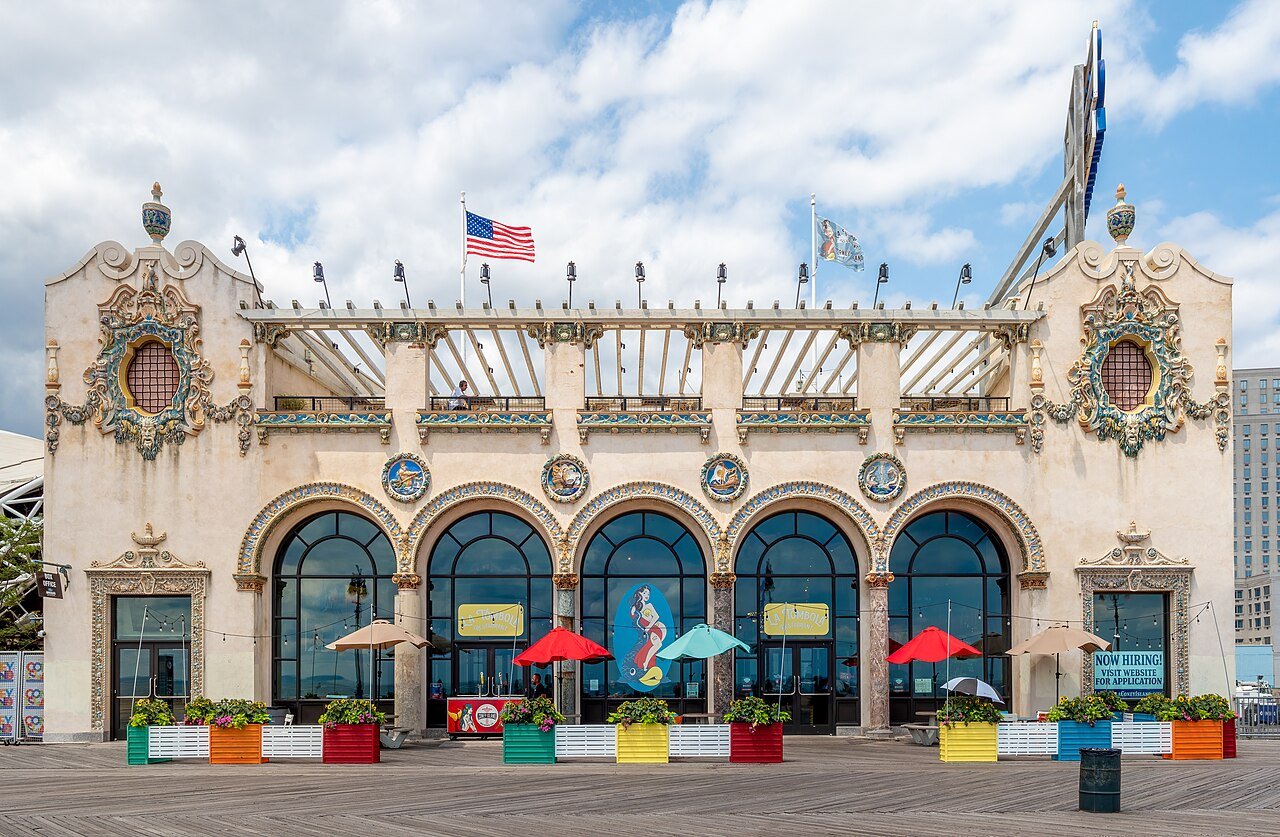 Former Childs Restaurant boardwalk facade, photographed in 2021