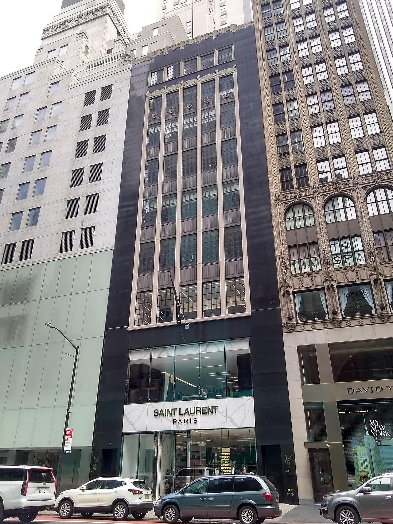 Former L. P. Hollander store's narrow black-and-metal facade on East 57th Street in 2021
