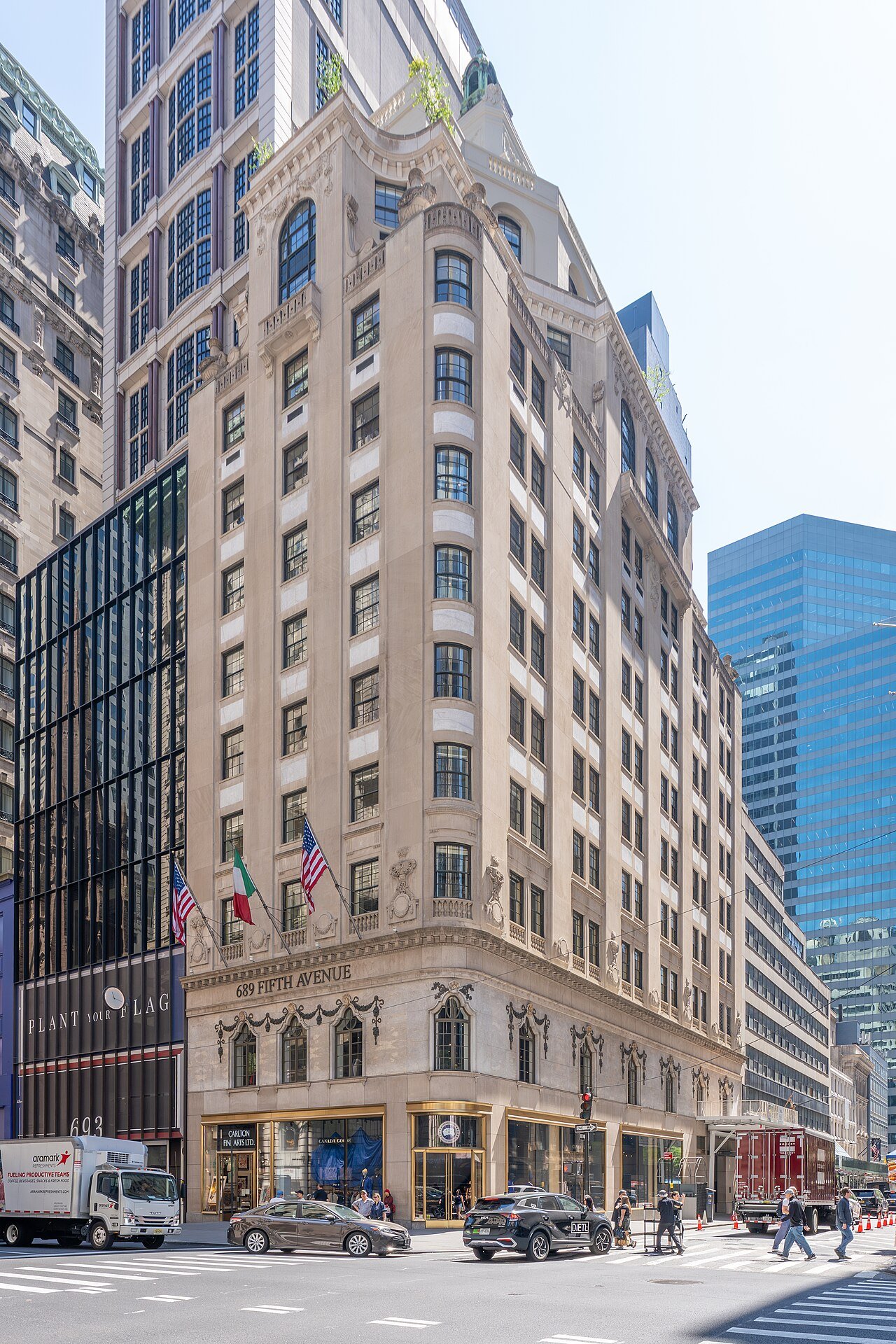 Aeolian building with its rounded corner and decorative upper setbacks in 2026
