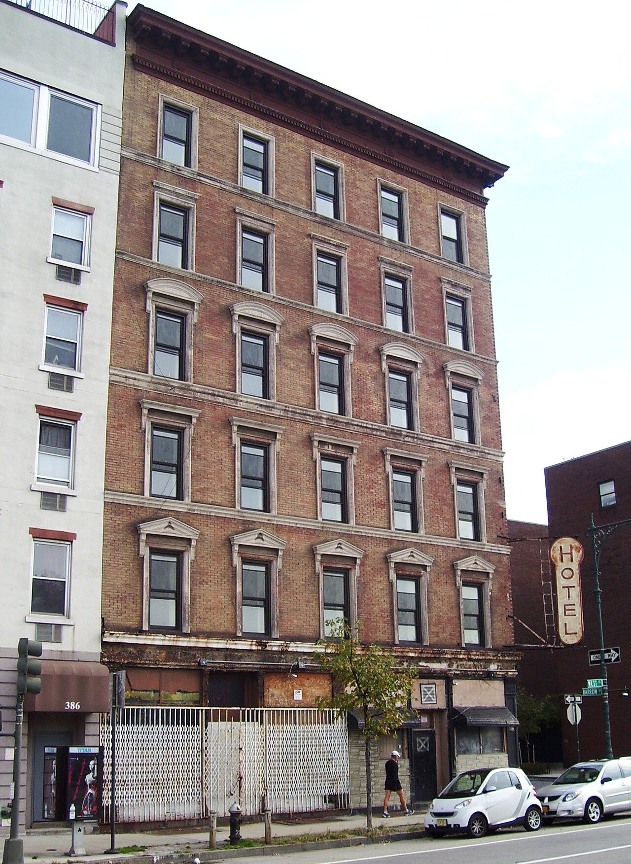 Former Keller Hotel's brick exterior and historic hotel sign in 2011