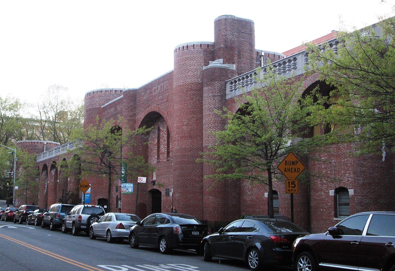 Jackie Robinson Play Center bathhouse, rounded towers and street arches in 2013
