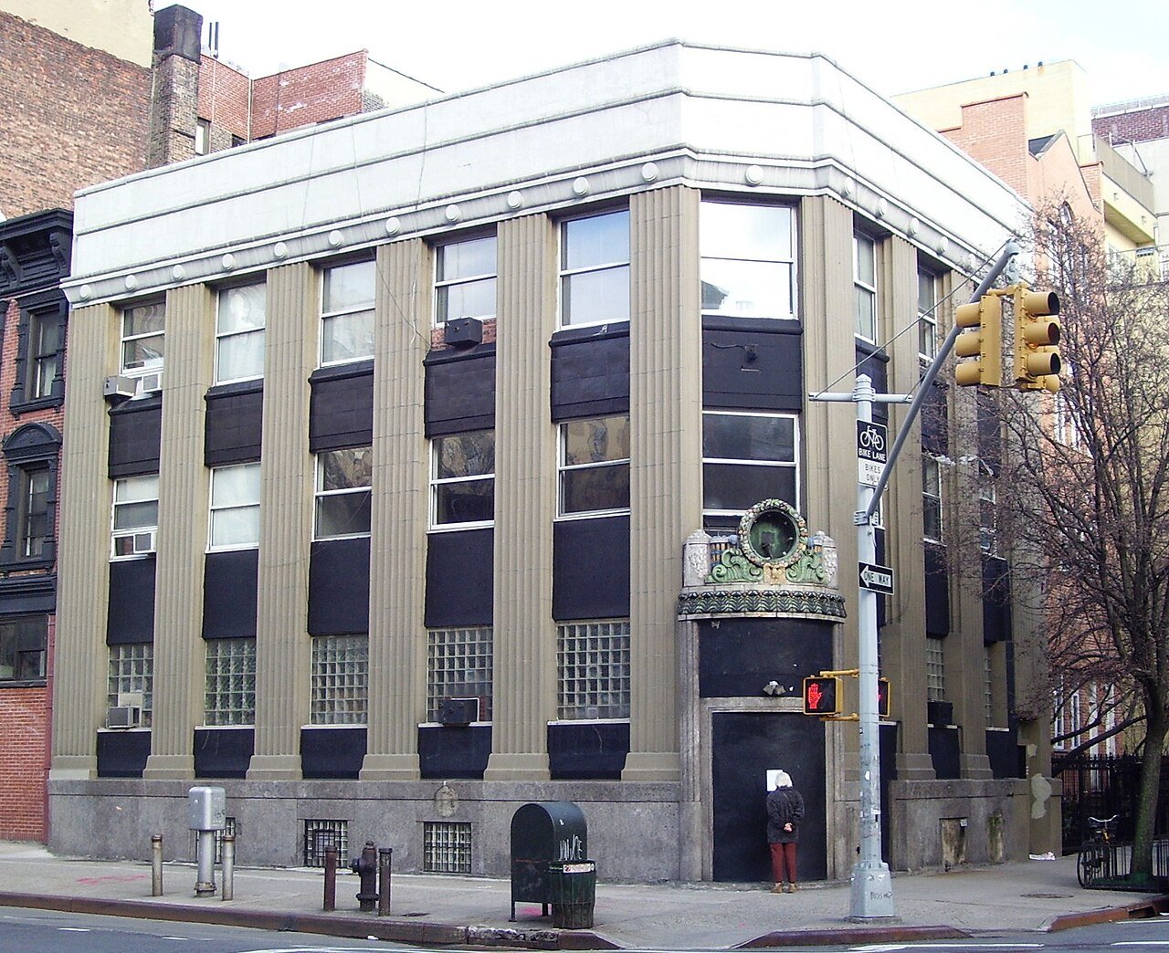 Public National Bank Building's geometric facade and decorated corner entrance at Avenue C in 2011