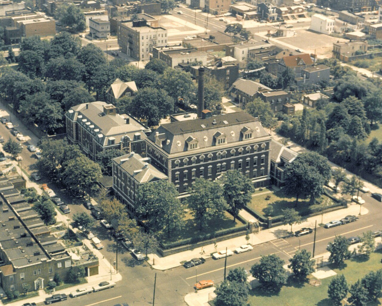 Historical aerial view of the Angel Guardian Home; the surrounding campus has changed